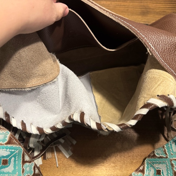 Brown and Blue Fringe Shoulder Bag with Southwestern Flair